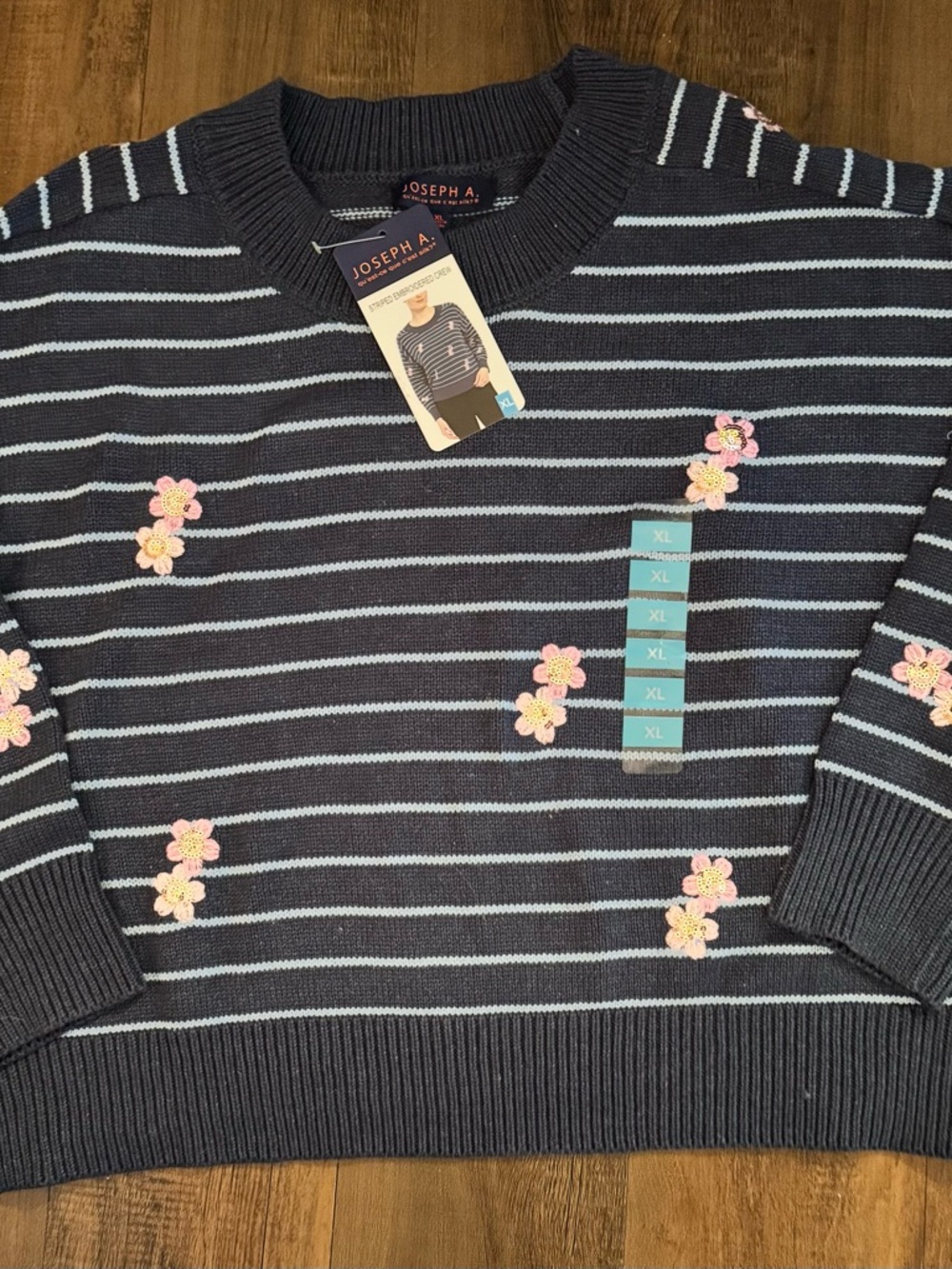 Joseph A. Women’s XL Sweater Navy & Light Blue Striped Pink Floral Appliqués